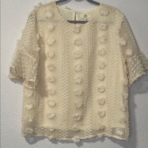 Entro Cream Textured Blouse with Pom Pom Floral Accents Size Large